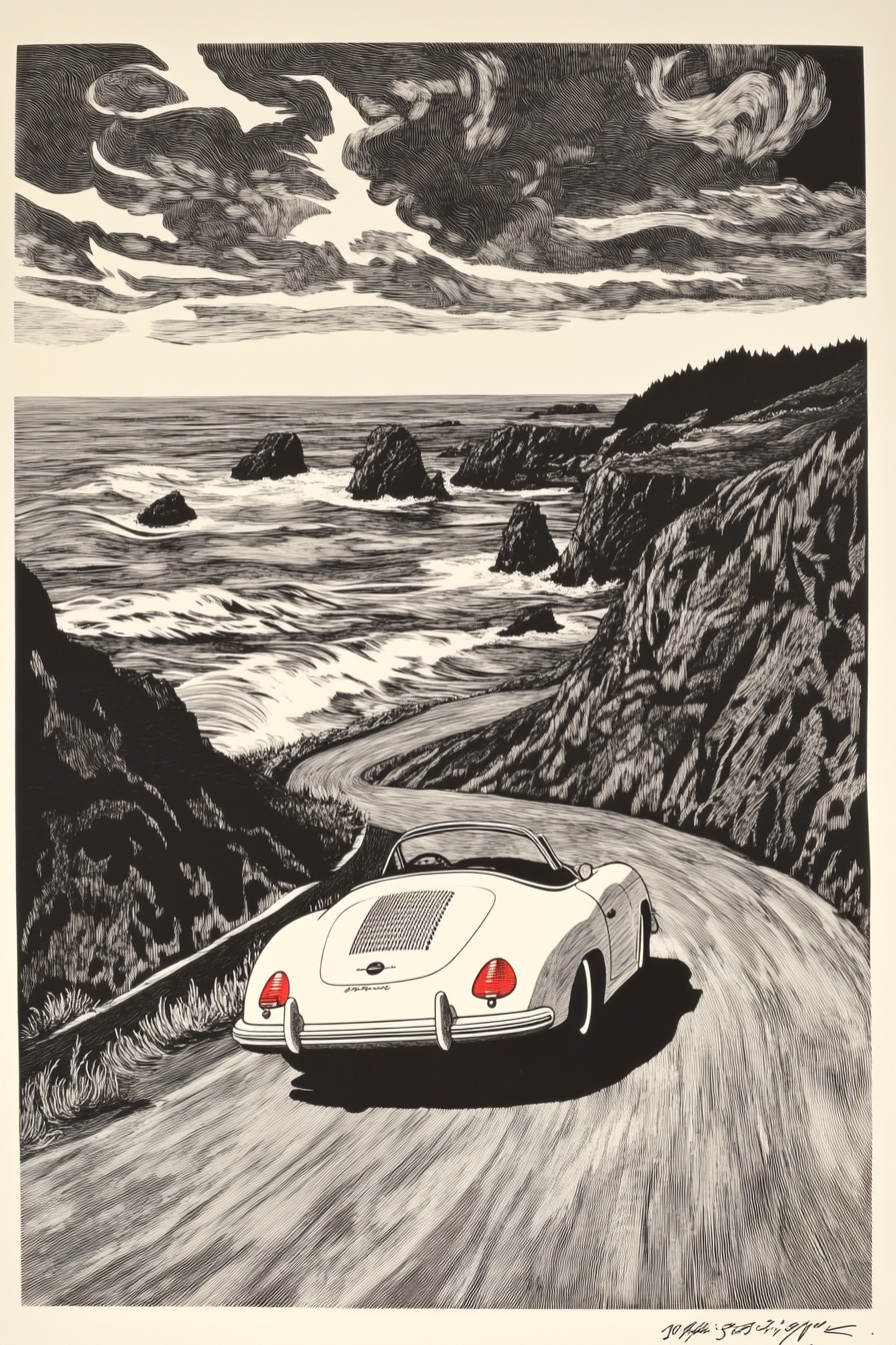 A black and white Porsche driving on coast.