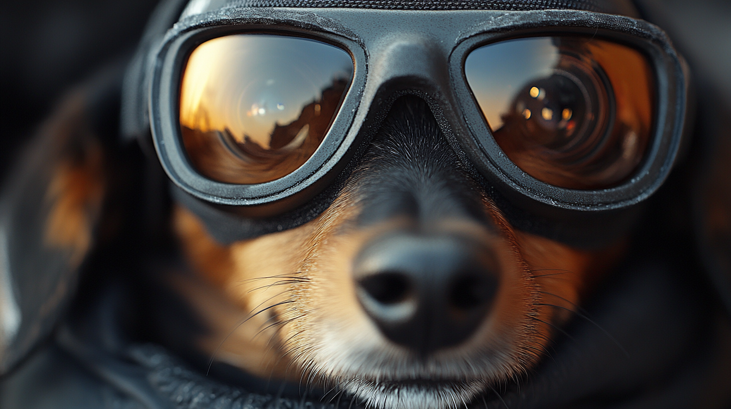 A black and white dachshund wears a ski mask.