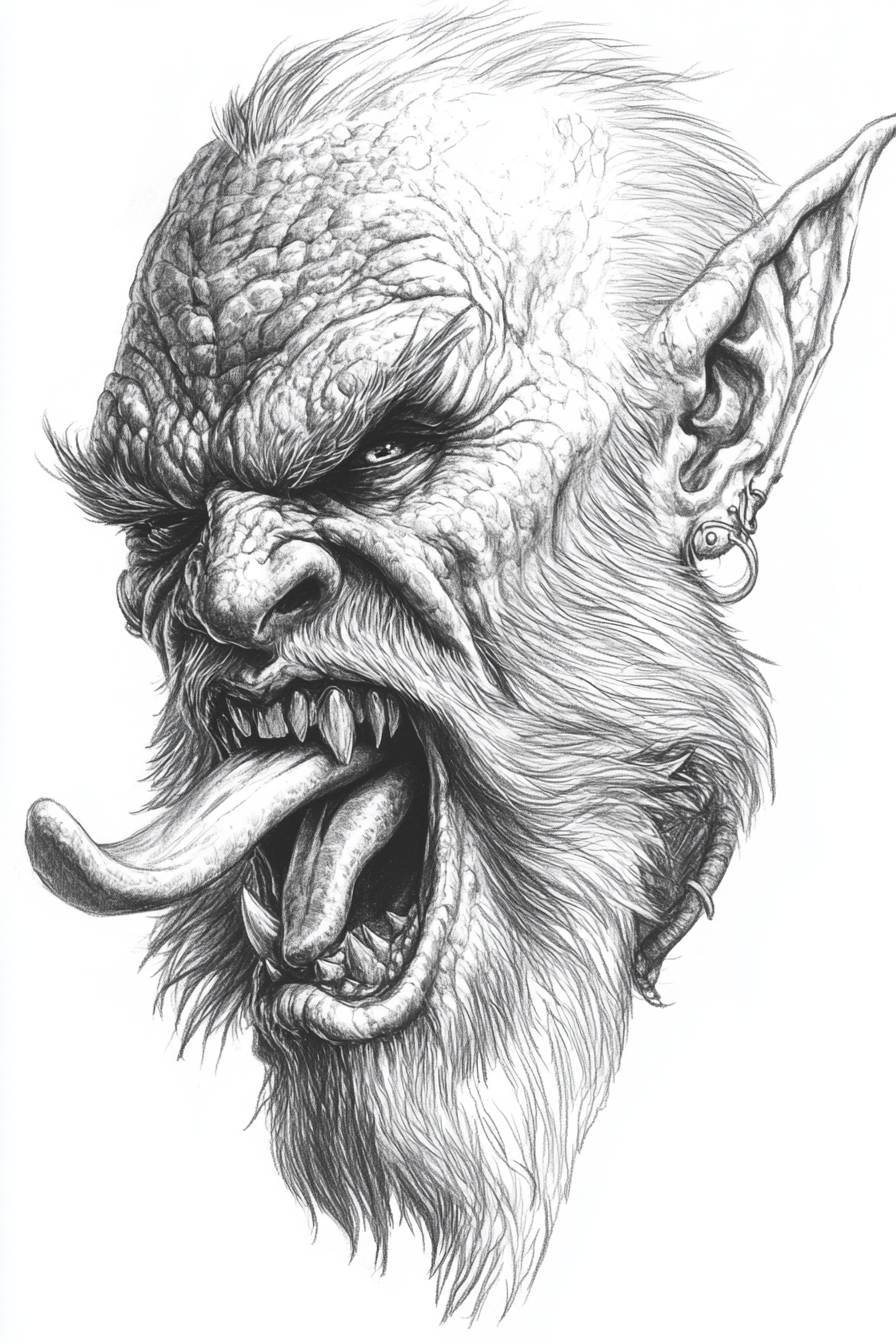 A black-and-white drawing of a Krampus flicking tongue.