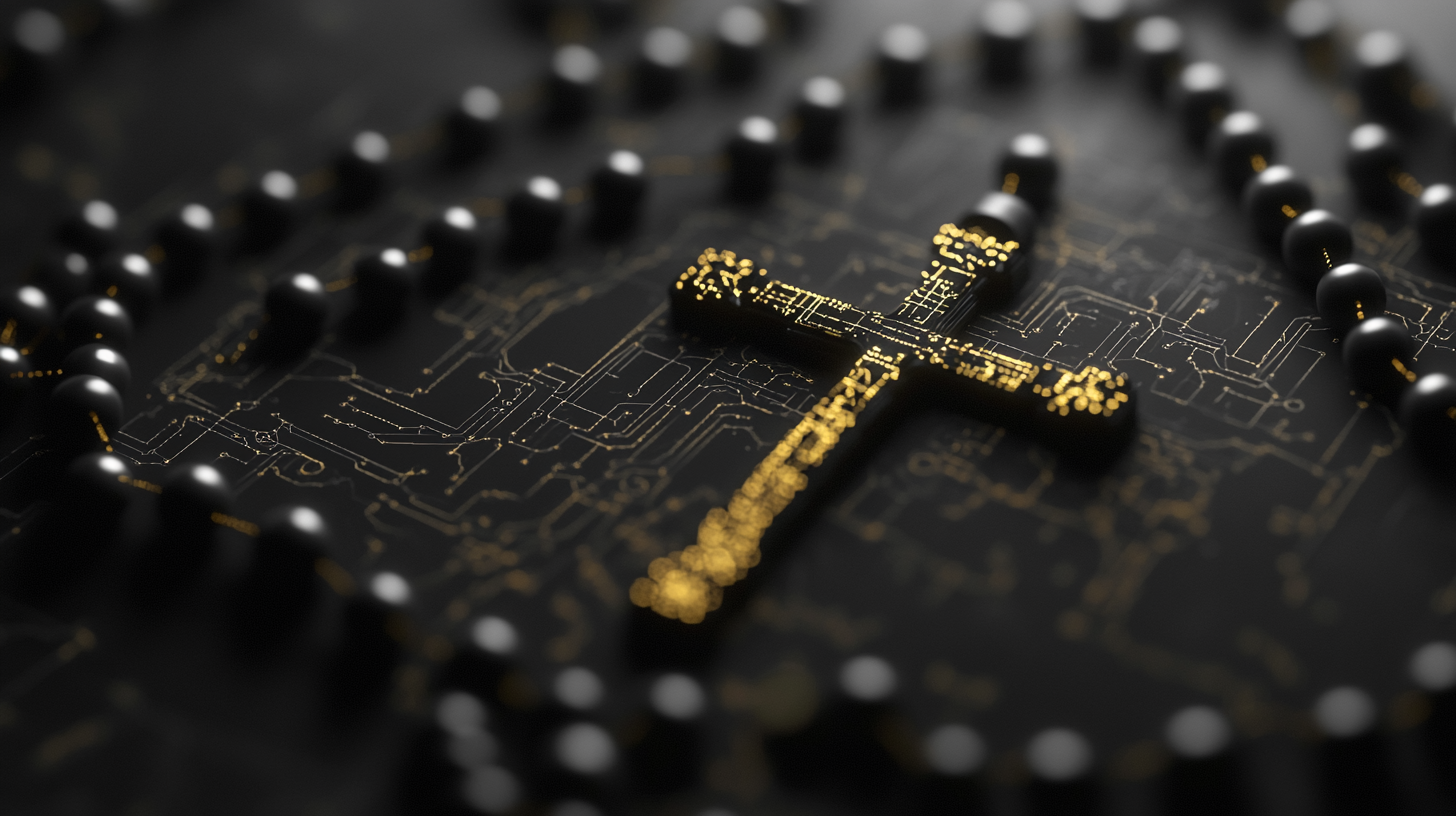 A black and white rosary with golden cross