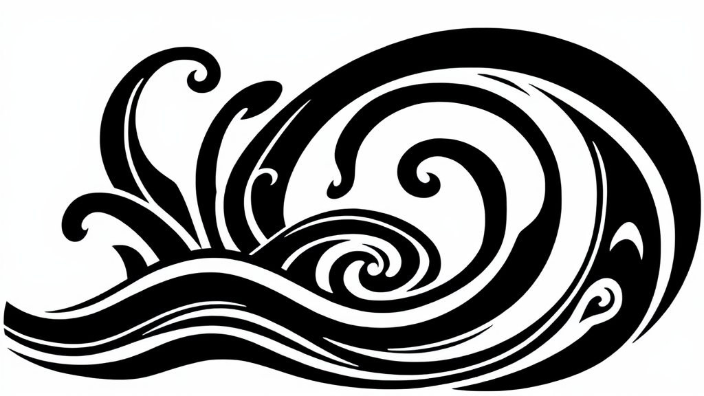 A black and white swirling water artwork.