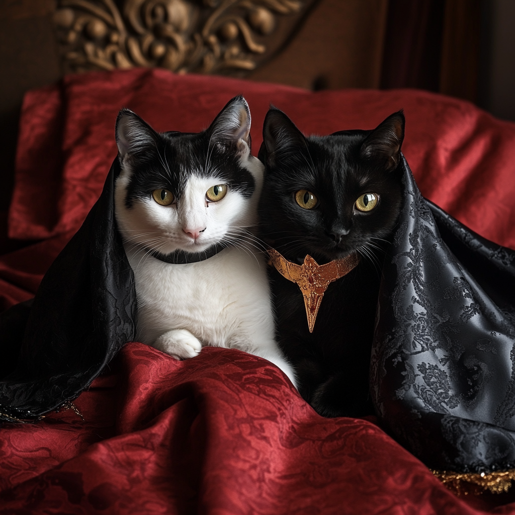 A black cat and a white cat in costume