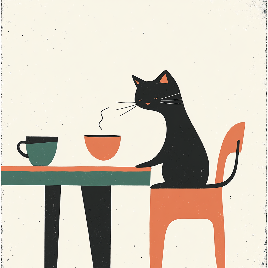 A black cat sitting at a table.