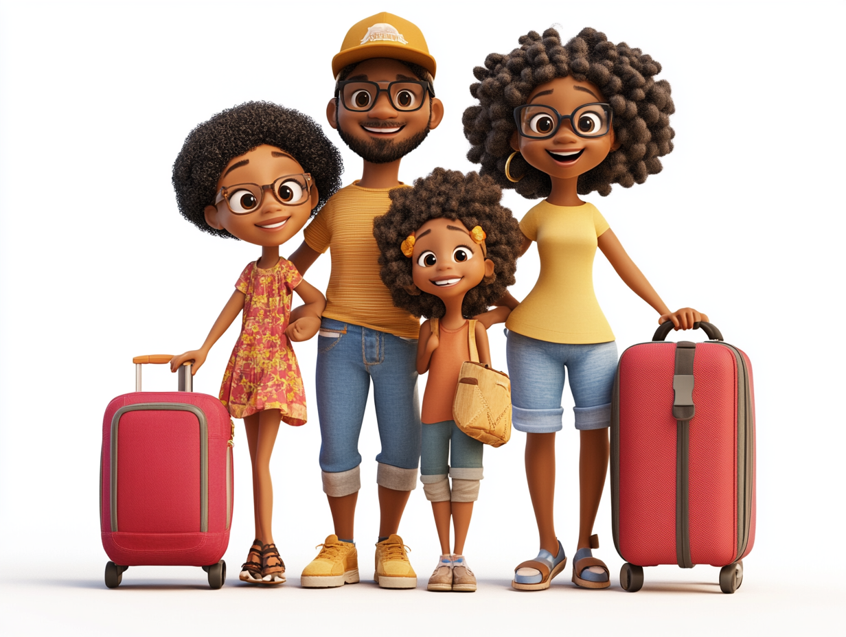 A black family of four excited for vacation