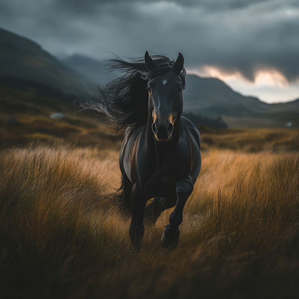 A black horse gallops out of magical shadows.