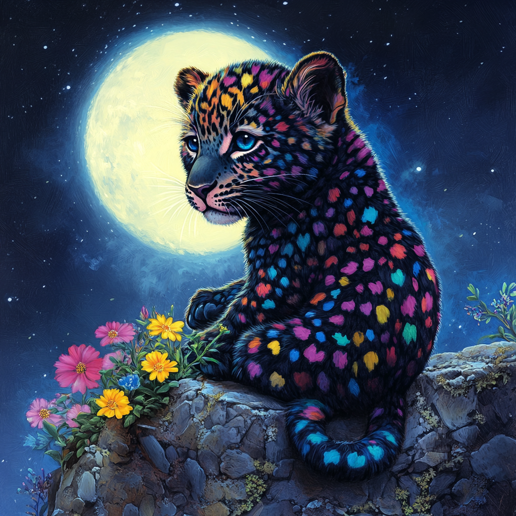 A black leopard cub with colorful spots at night