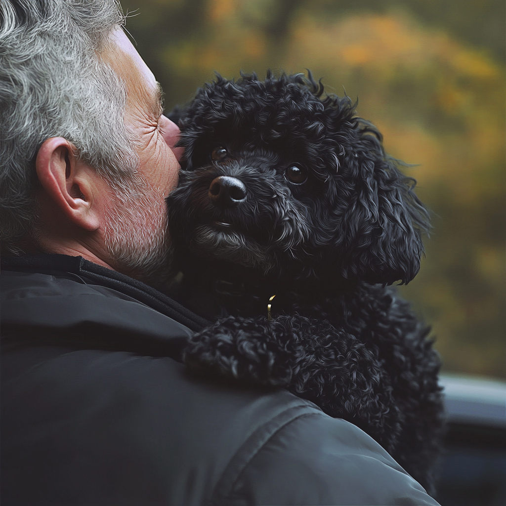 A black poodle jumps into elderly man's arms