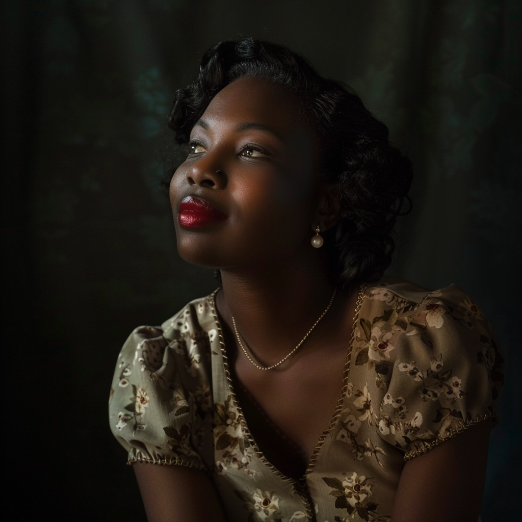 A black woman in 30s in vintage dress.