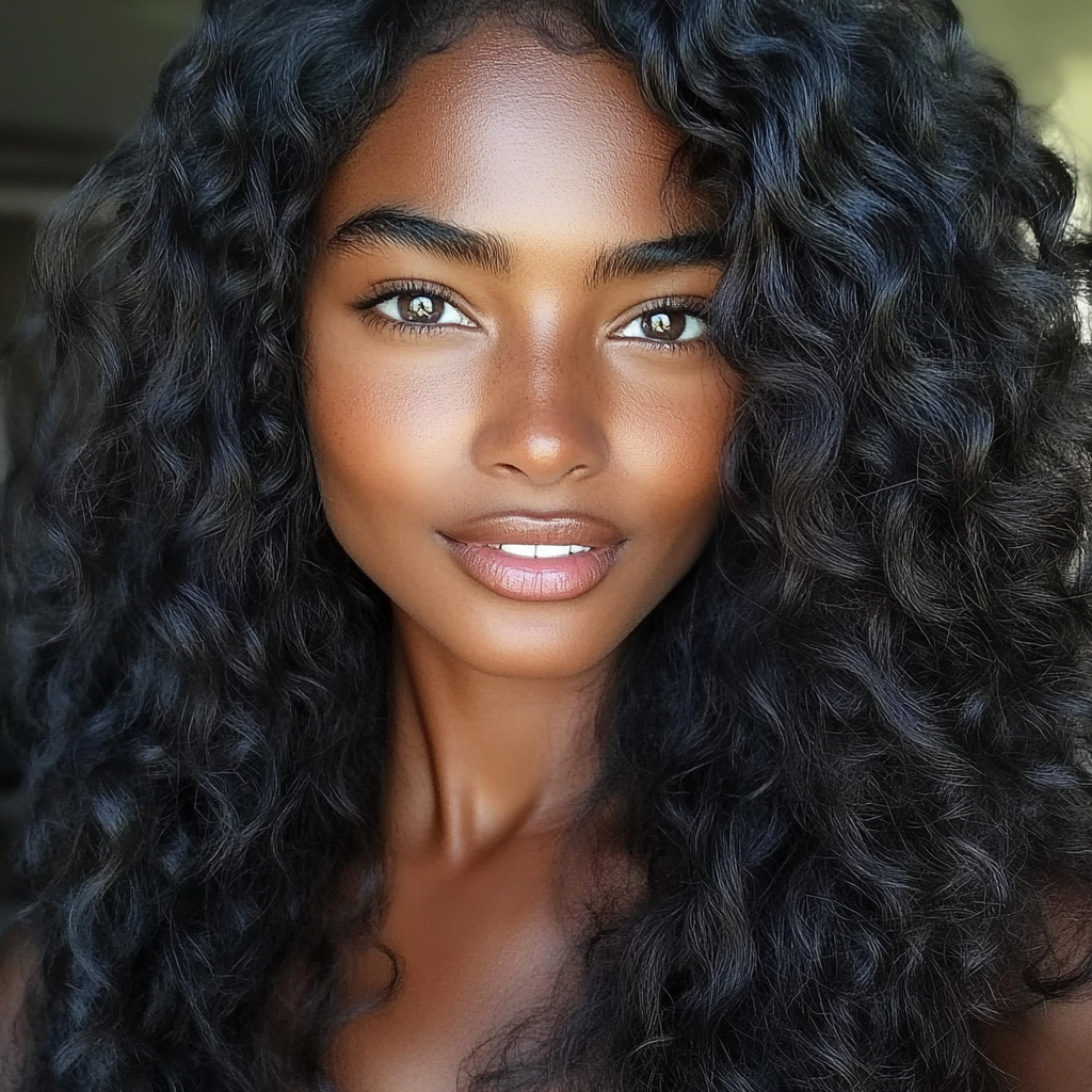 A black woman with dark skin, curly hair, serious expression.