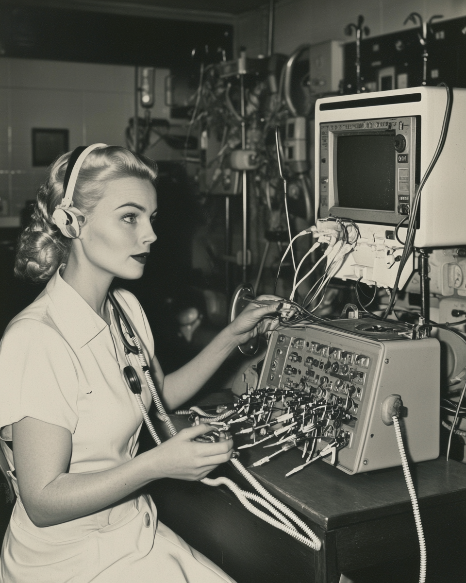 A blond nurse with a vintage phone in basement