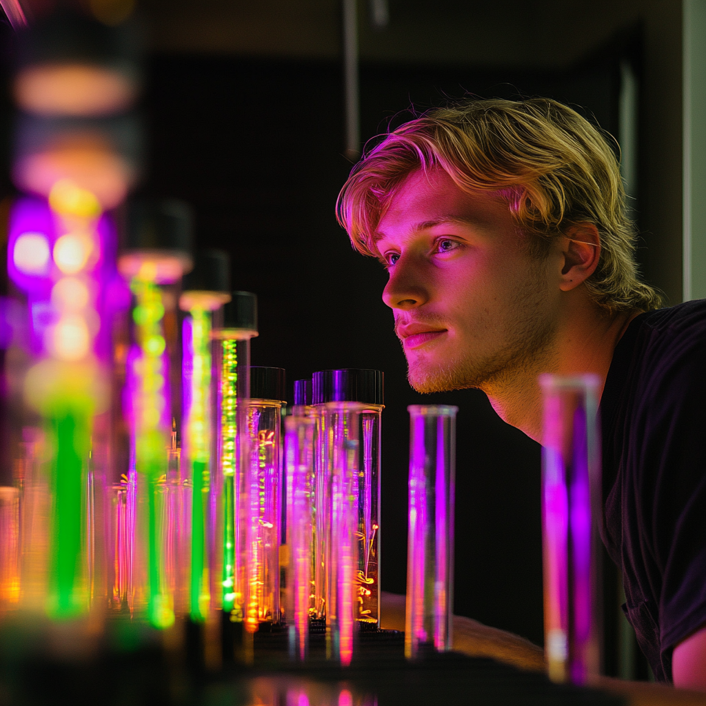 A blonde boy scientist in science lab