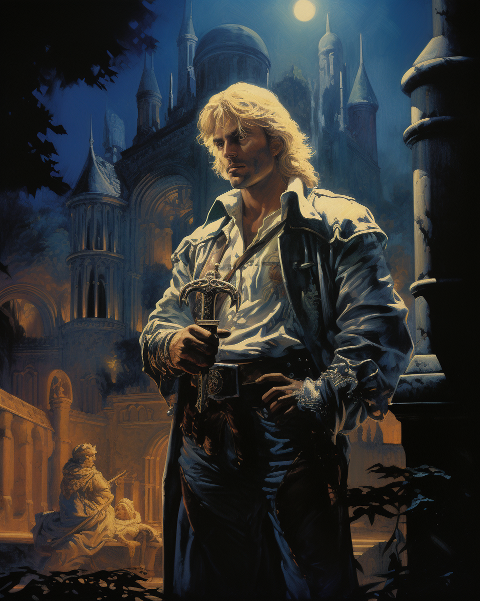 A blonde man with weapon outside castle at night