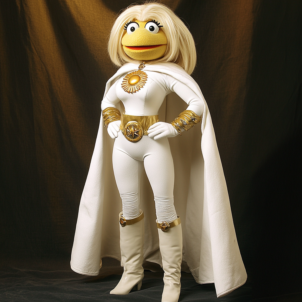 A blonde superheroine puppet with white and gold outfit.