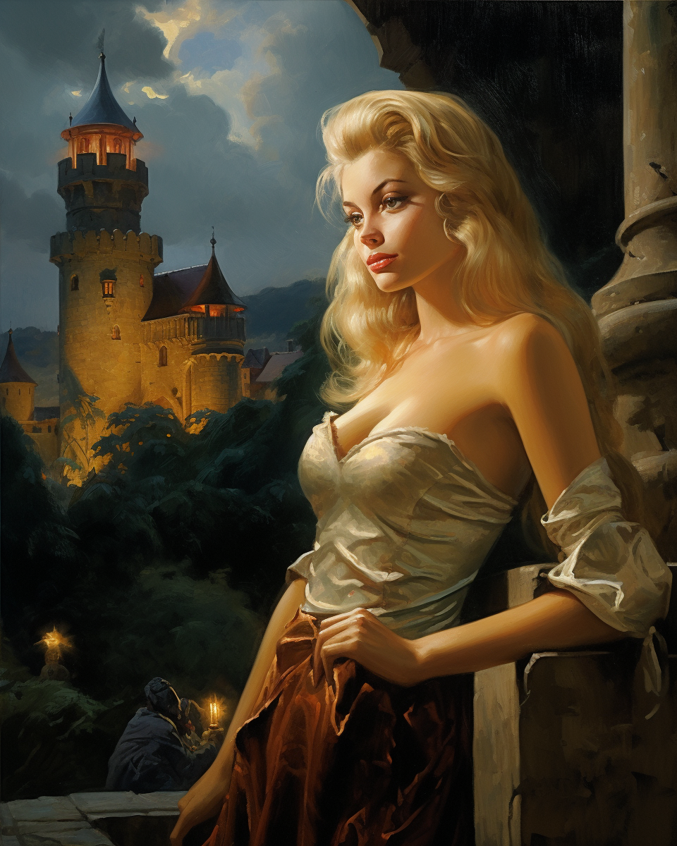 A blonde woman at a castle at night.