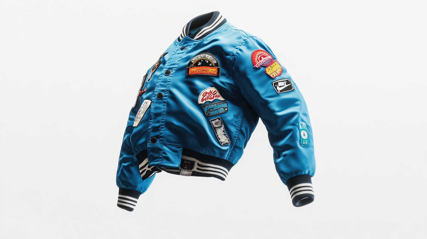 A blue Nike baseball jacket with colorful badges