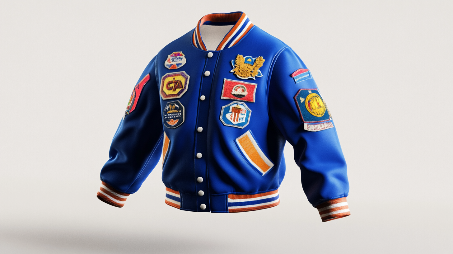 A blue jacket with colorful badges floating