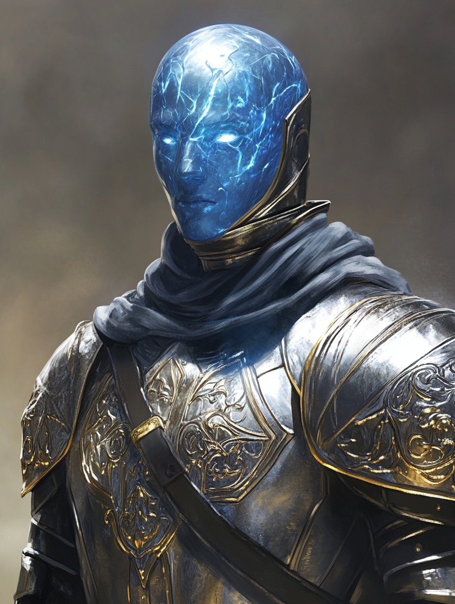 A blue plasmoid wearing shiny silver knight's armor.