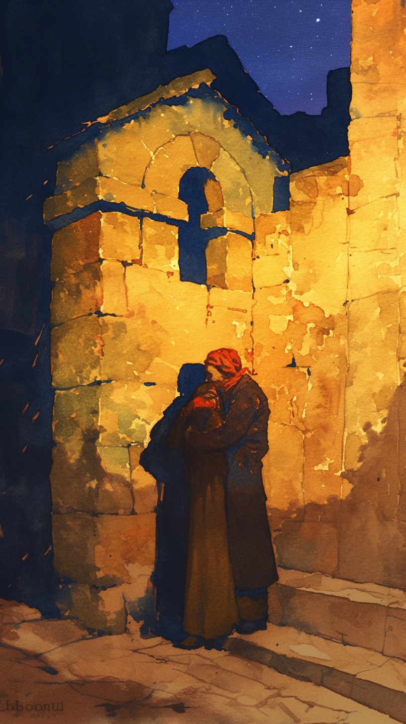 A bold watercolor painting of a couple in Morocco.