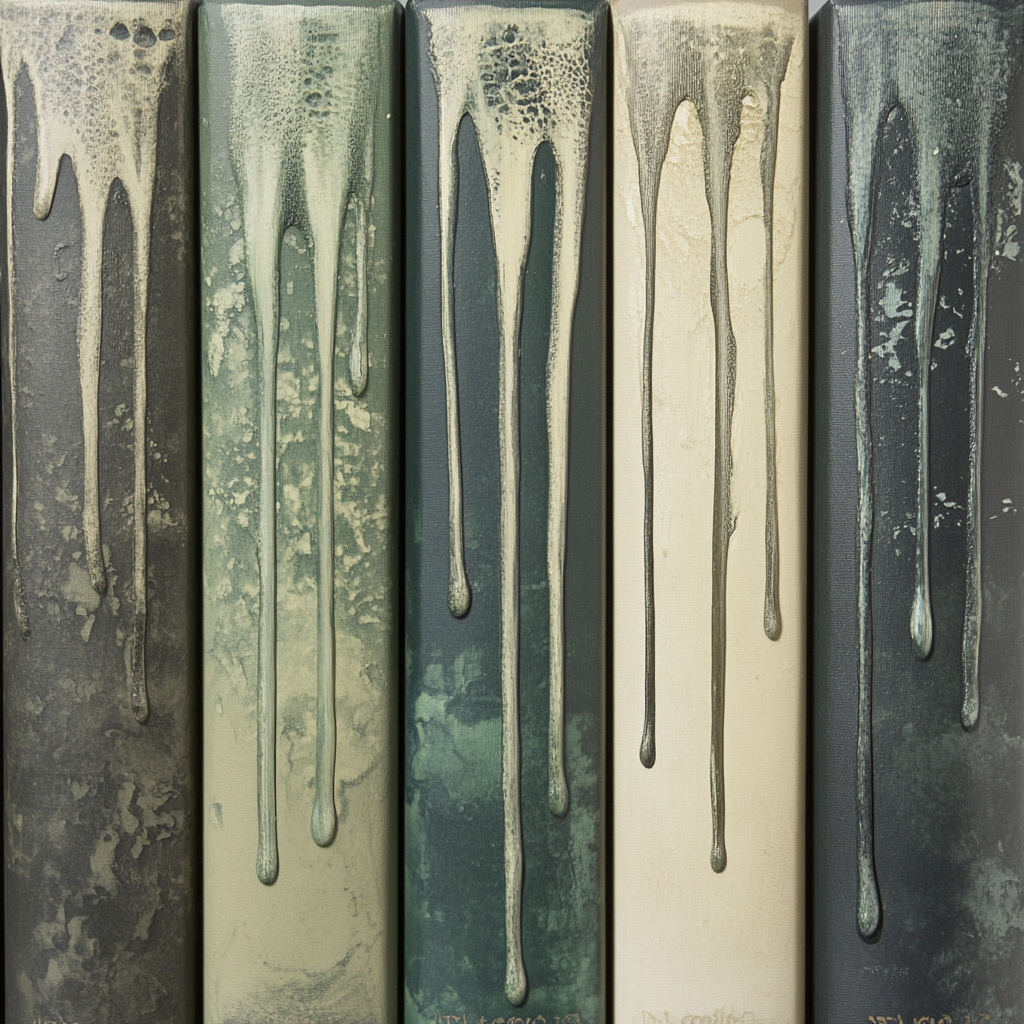 A book spine with water droplets in turquoise.