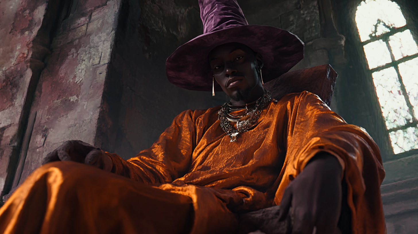 A bored dark skin wizard sits in tower