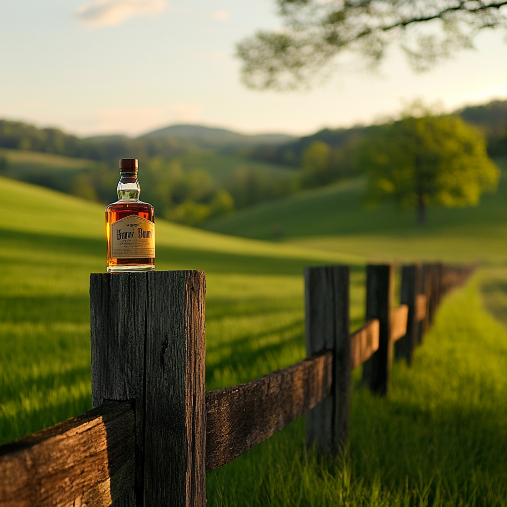 A bourbon bottle on a fence in Kentucky grassy hills.