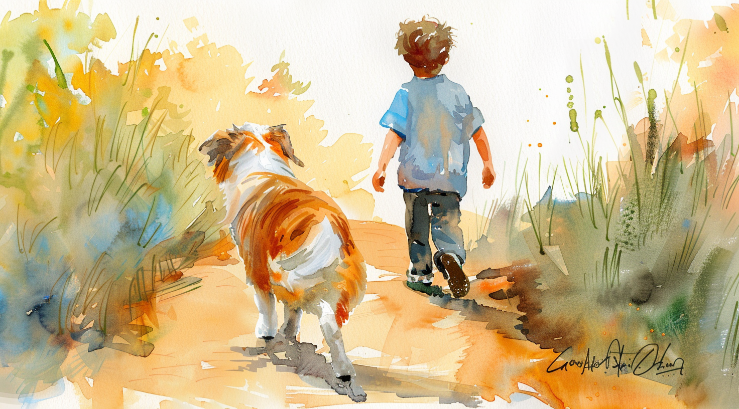 A boy and puppy walking in watercolor painting