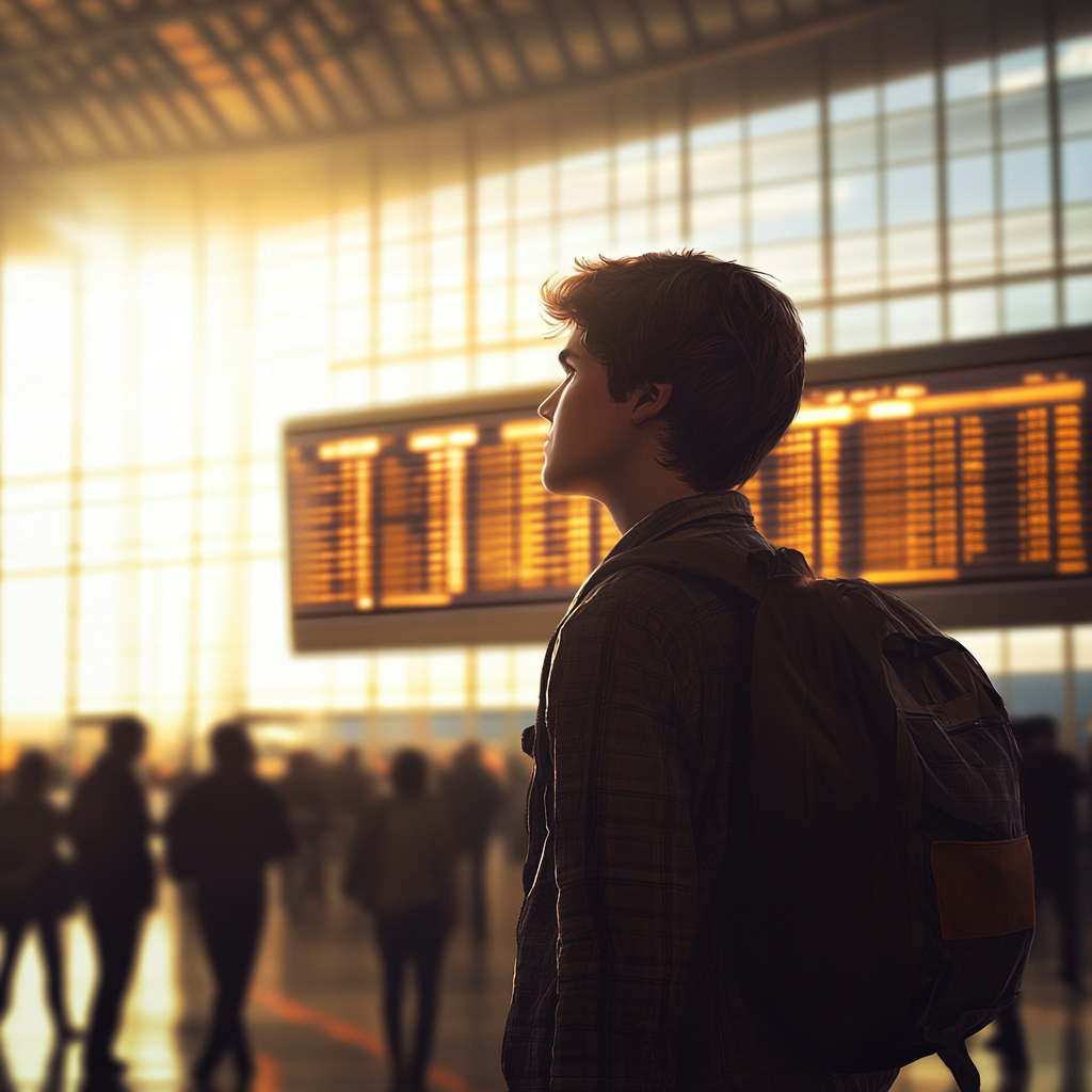 A boy at airport looks at board excitedly