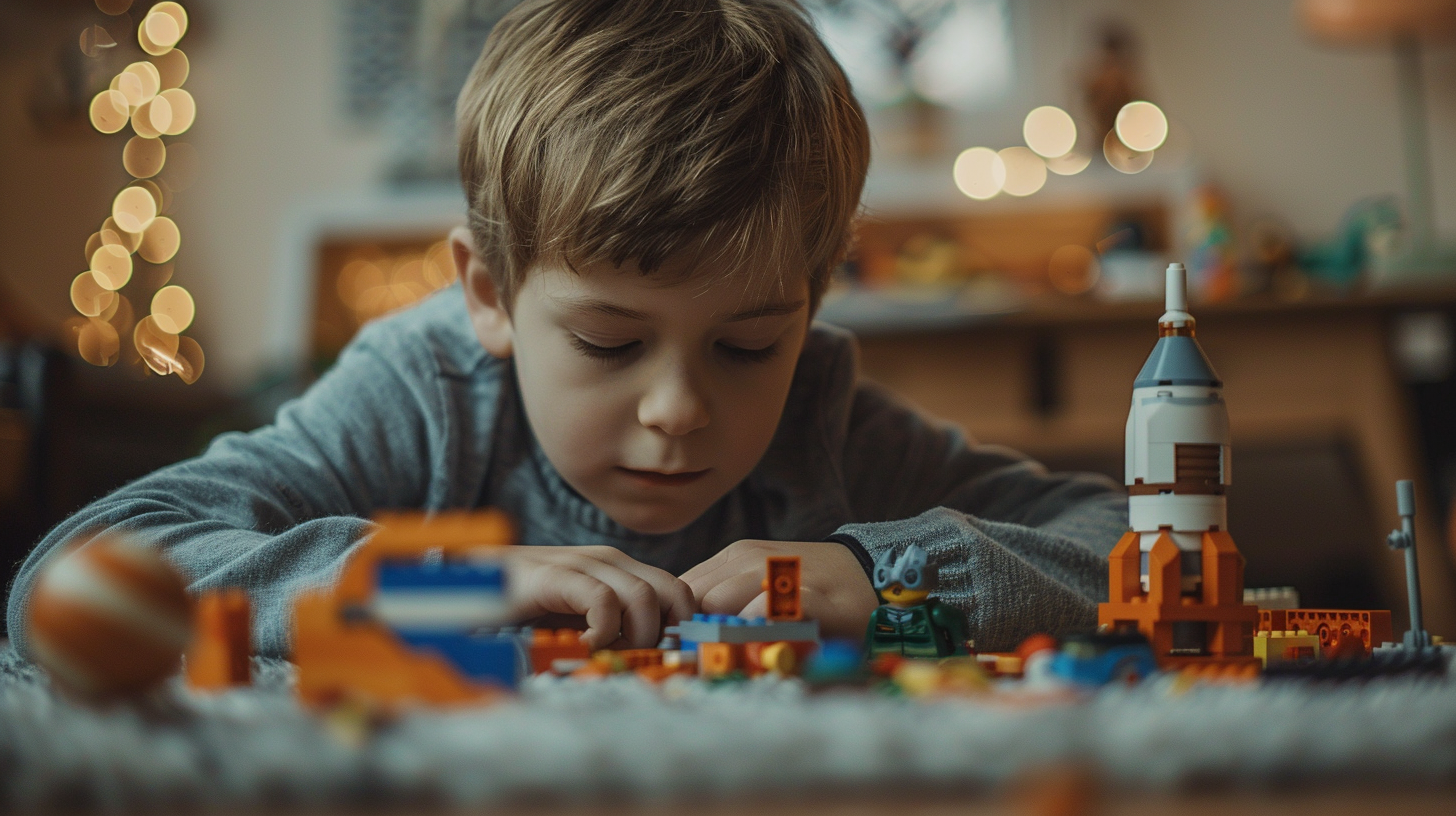 A boy building a Lego space station