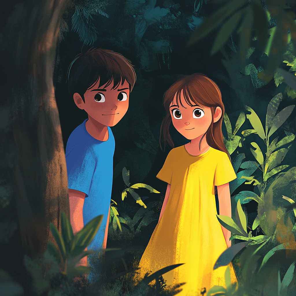 A boy finds a girl hiding in backyard.