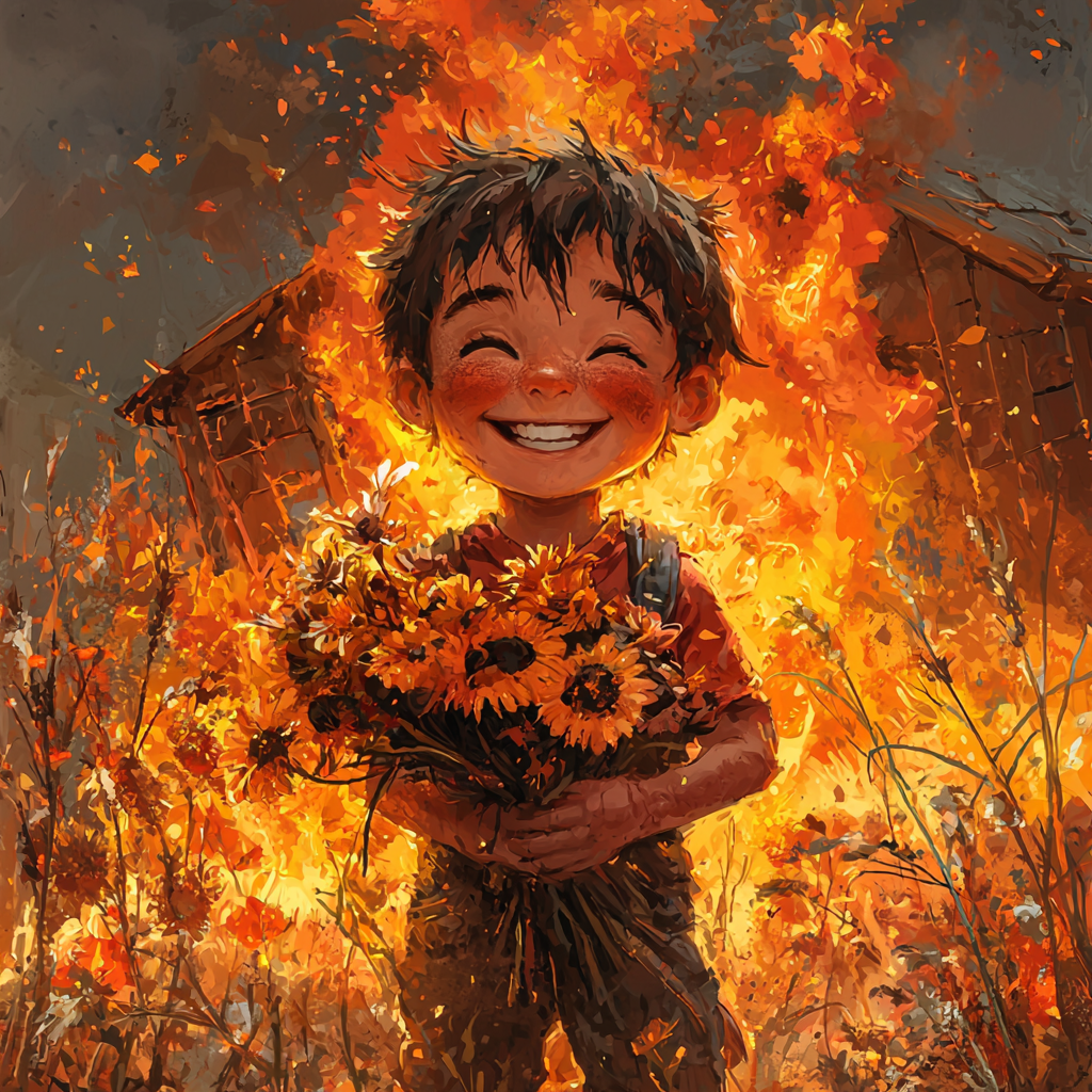 A boy grinning with burnt flowers, shed on fire.