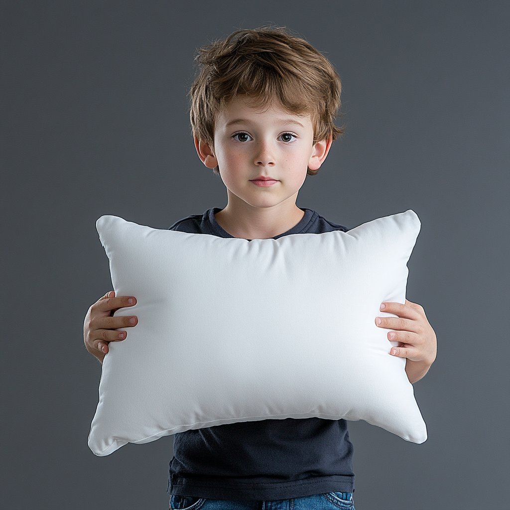 A boy holds big pillow with innocence.