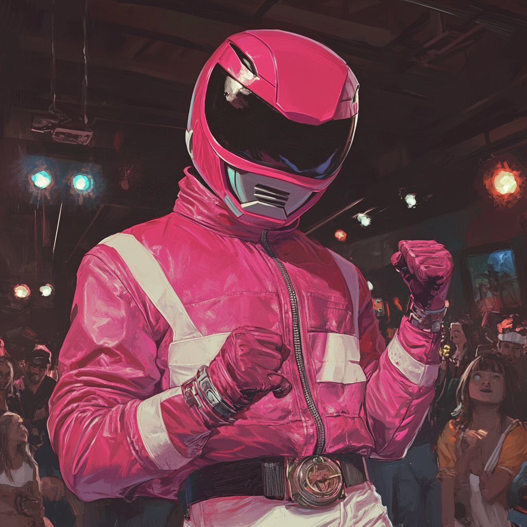 A boy in a Power Ranger helmet drawing.