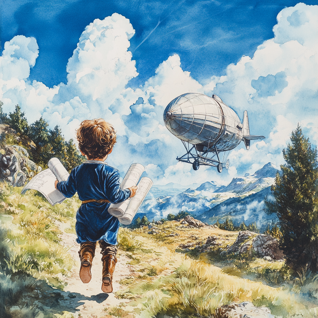 A boy in blue vintage clothes running to airship