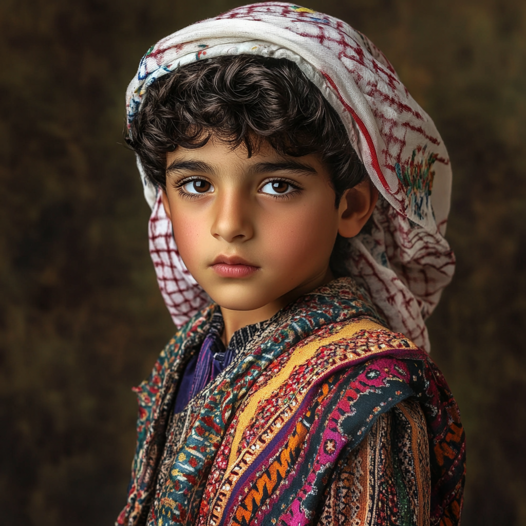 A boy in traditional Arab clothing with curly hair.