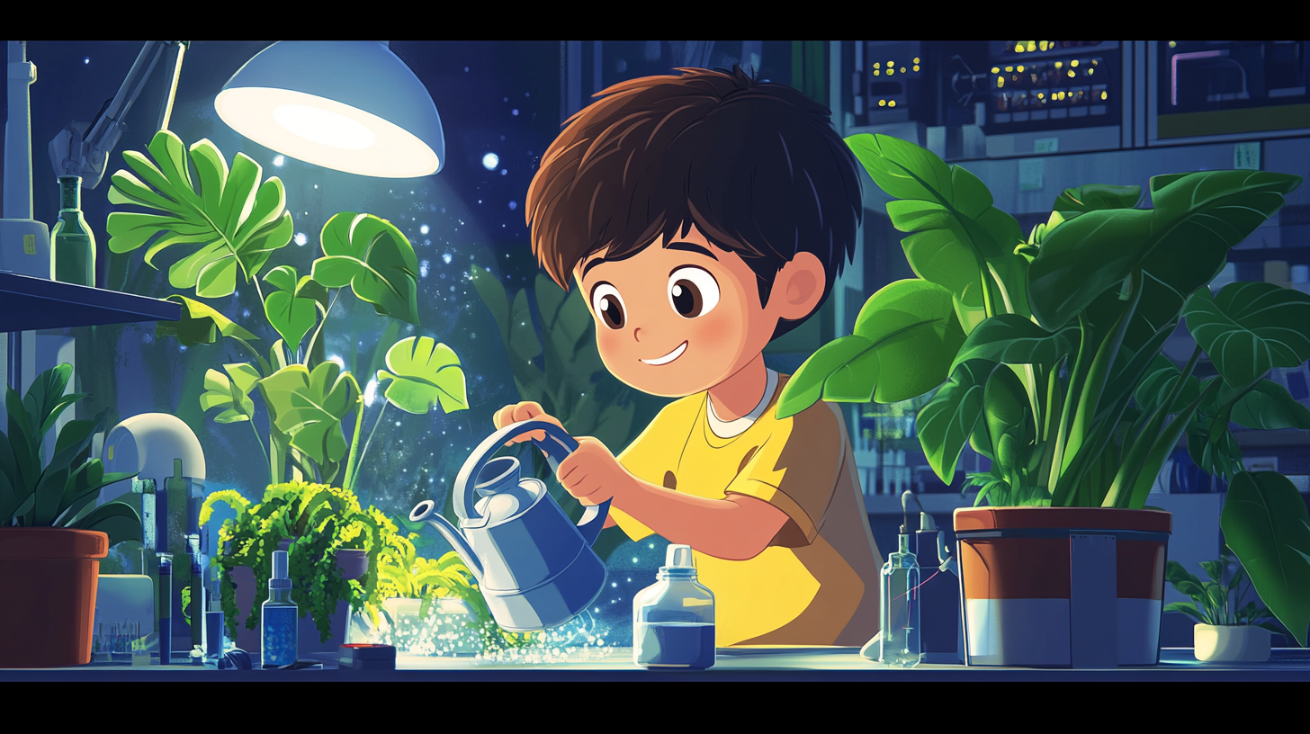 A boy named Awess waters lab plants calmly.