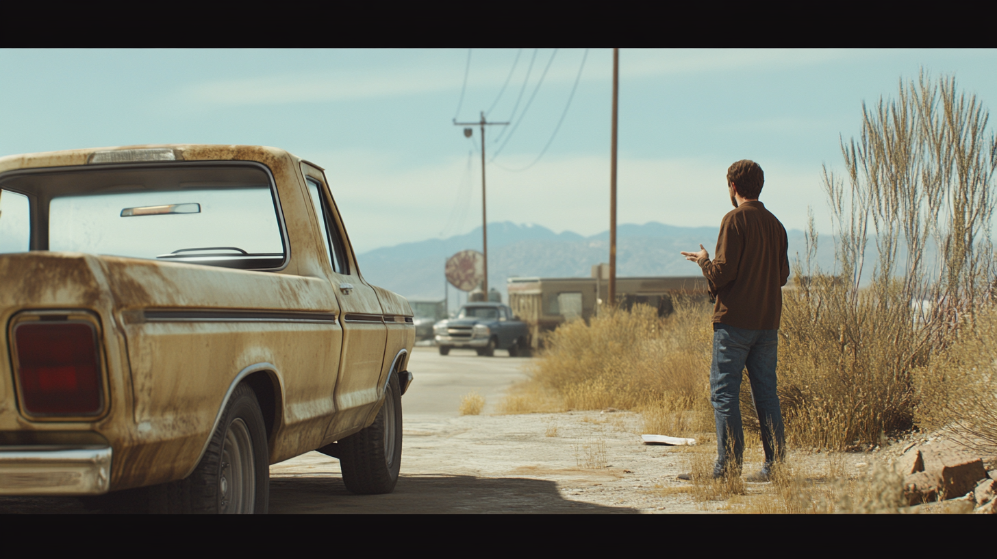 A boy talks to a man by a truck.