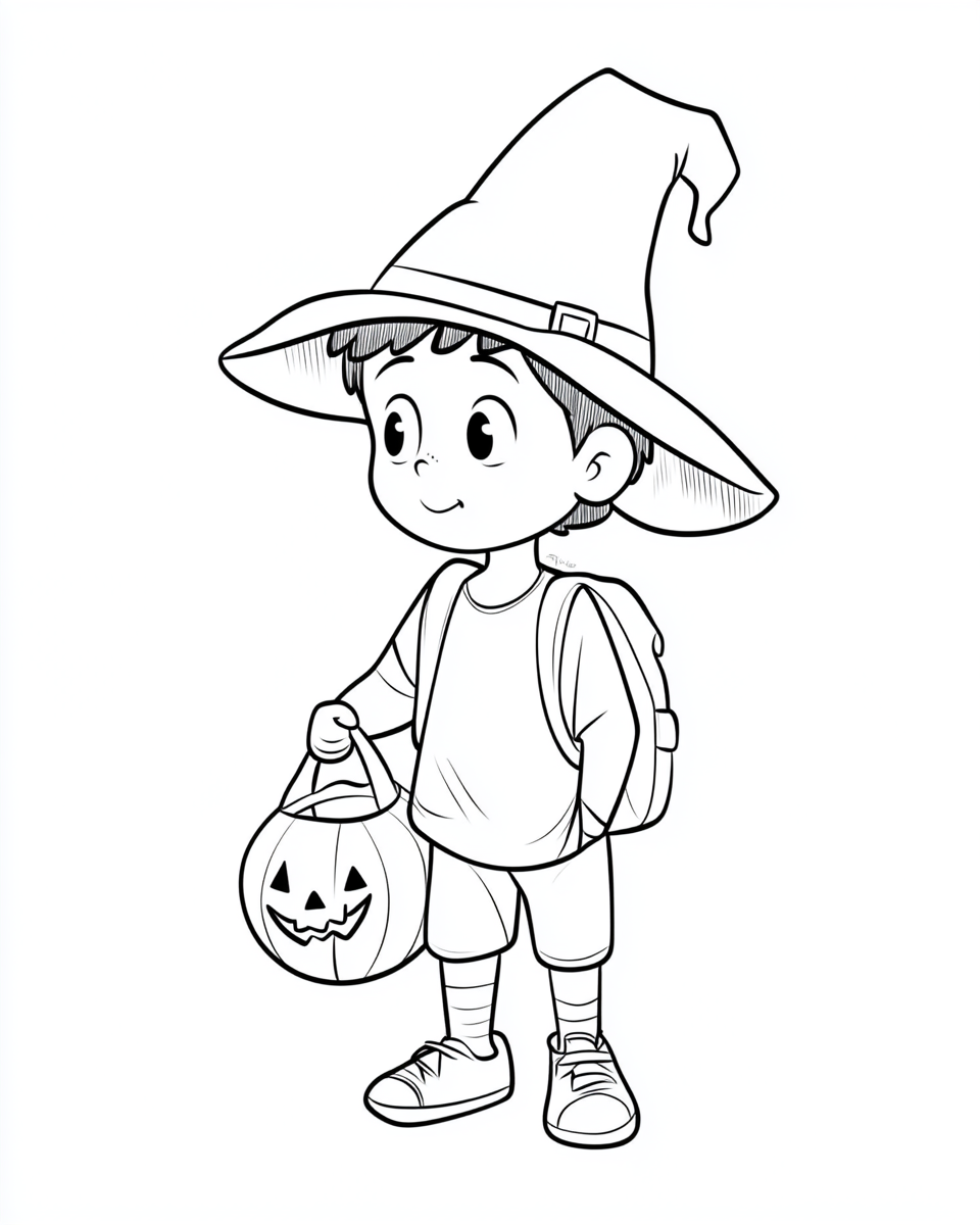 A boy wearing a witch hat, holding a trick-or-treating bag.