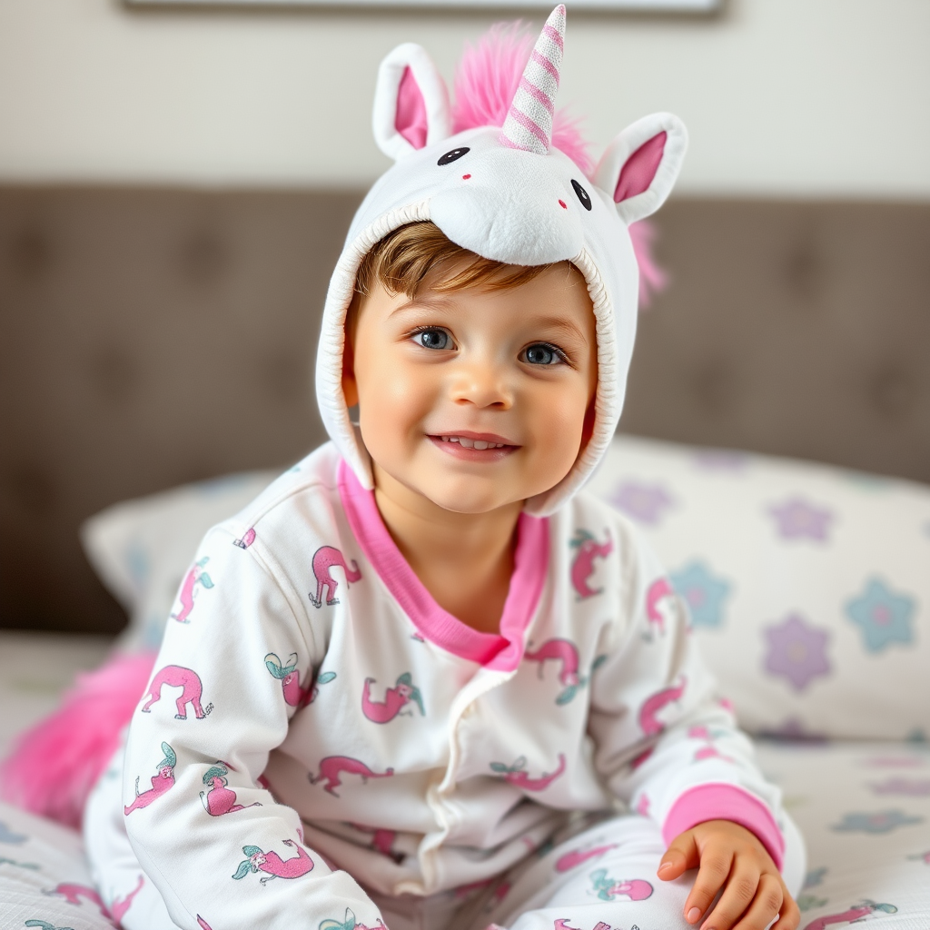 A boy wearing unicorn pajamas.