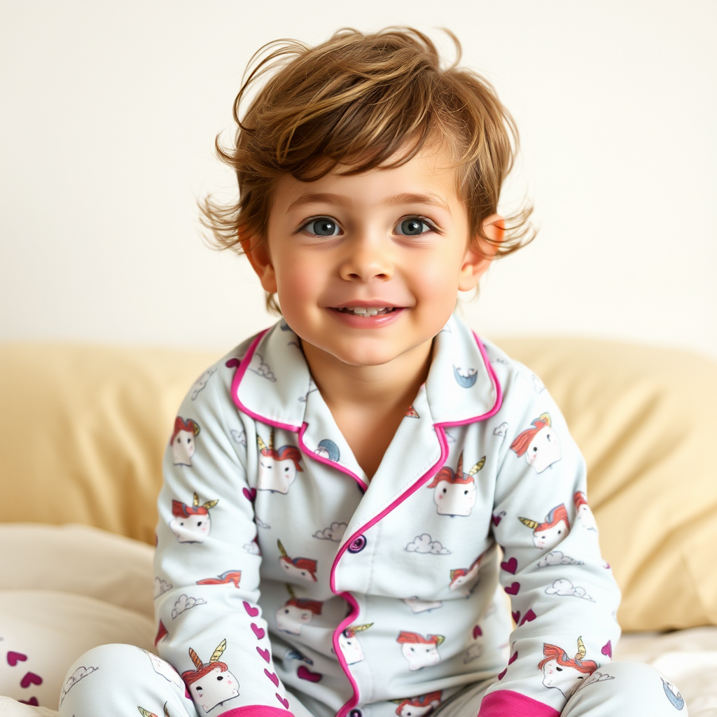 A boy wearing unicorn pajamas.