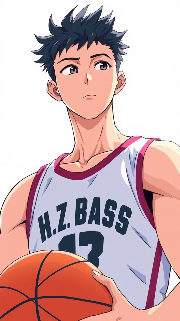 A boy with basketball in anime style scene.