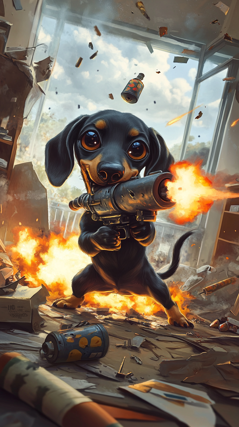 A brave dachshund with weapon in office destruction