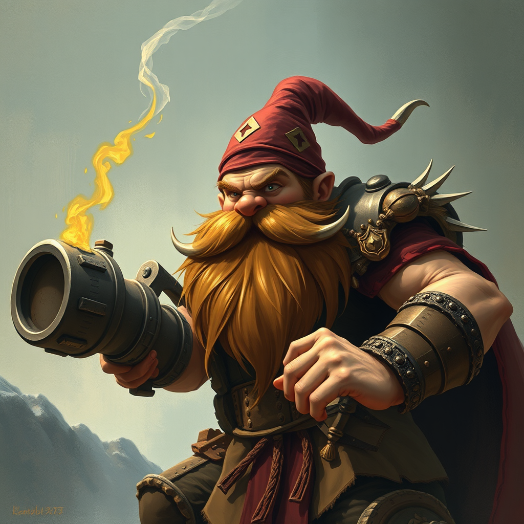 A brave dwarf with a brown beard holds a bomb.