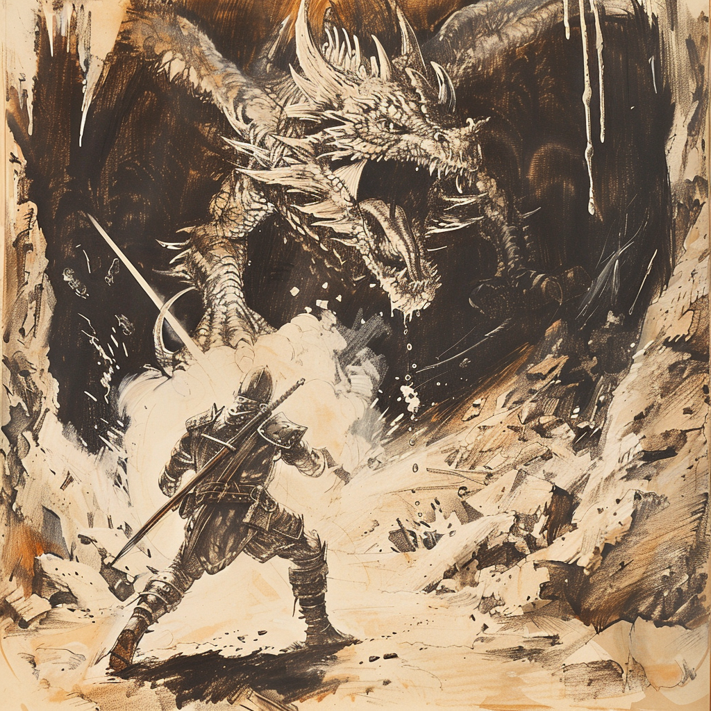 A brave knight fights giant dragon in cavern.