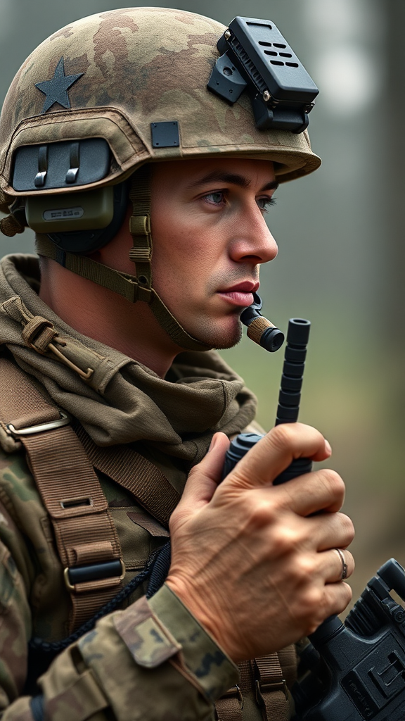 A brave soldier holding a walkie-talkie.