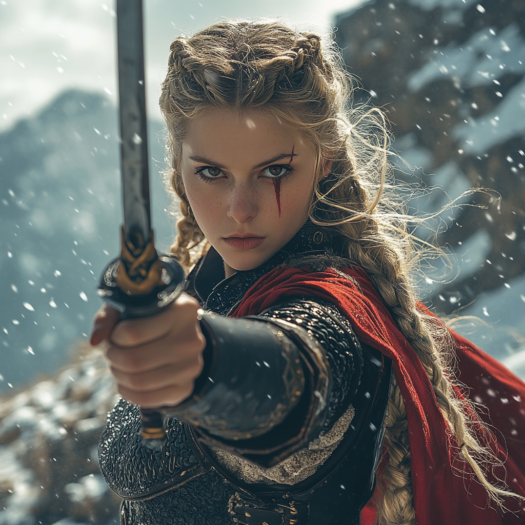 A brave viking woman poses with sword atop mountain.