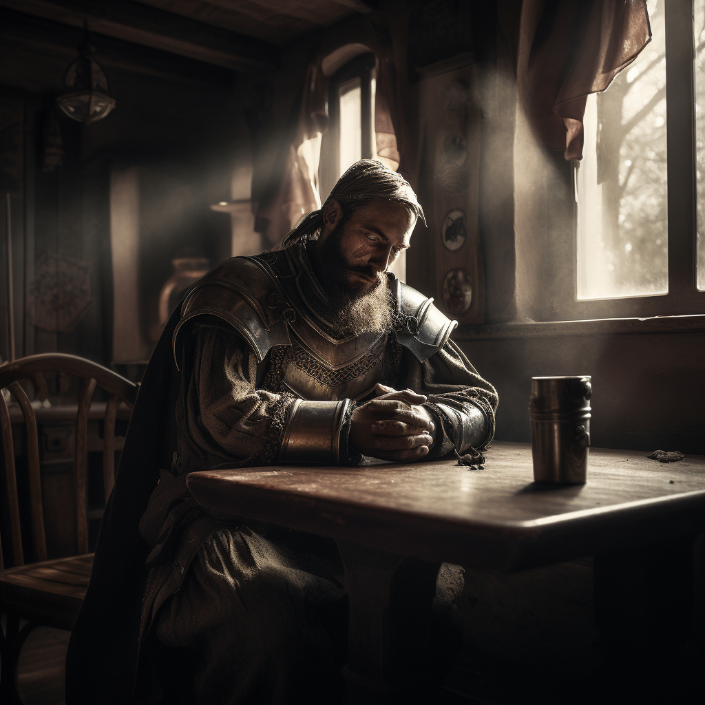 A brave warrior in a medieval tavern morning