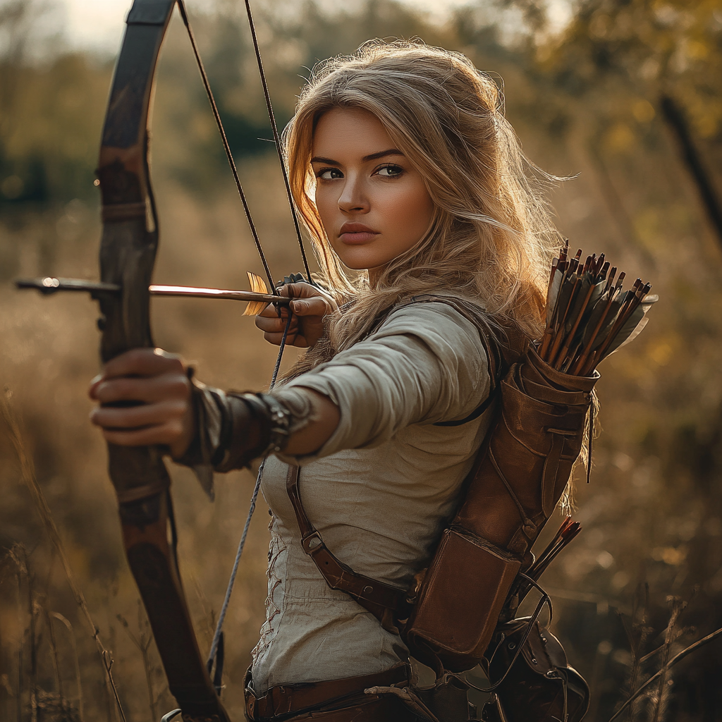 A brave woman adventurer with bow ready.