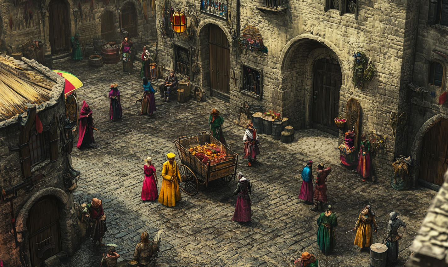 A bright man, old woman, Romani in medieval city.