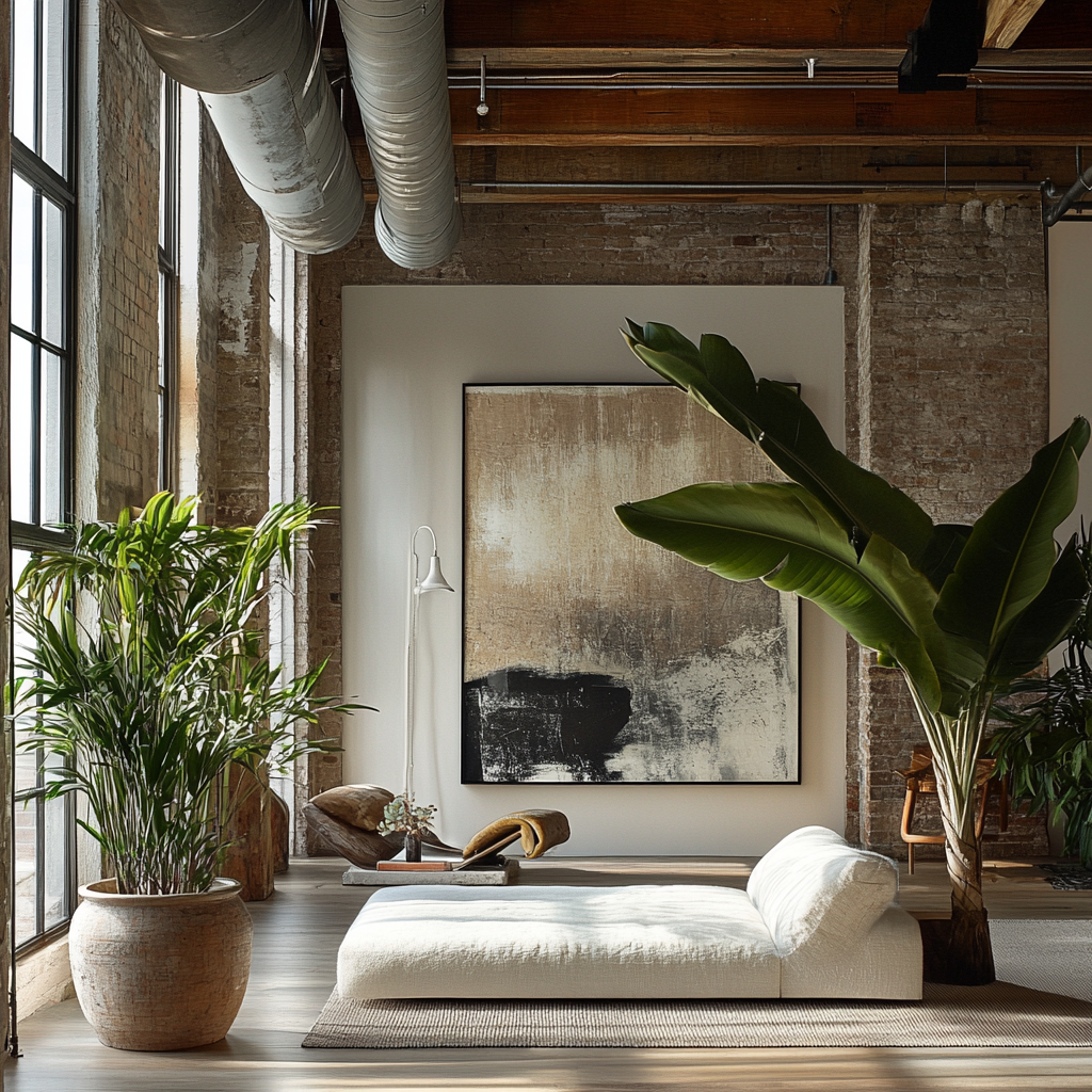 A bright spacious loft filled with plants and art.