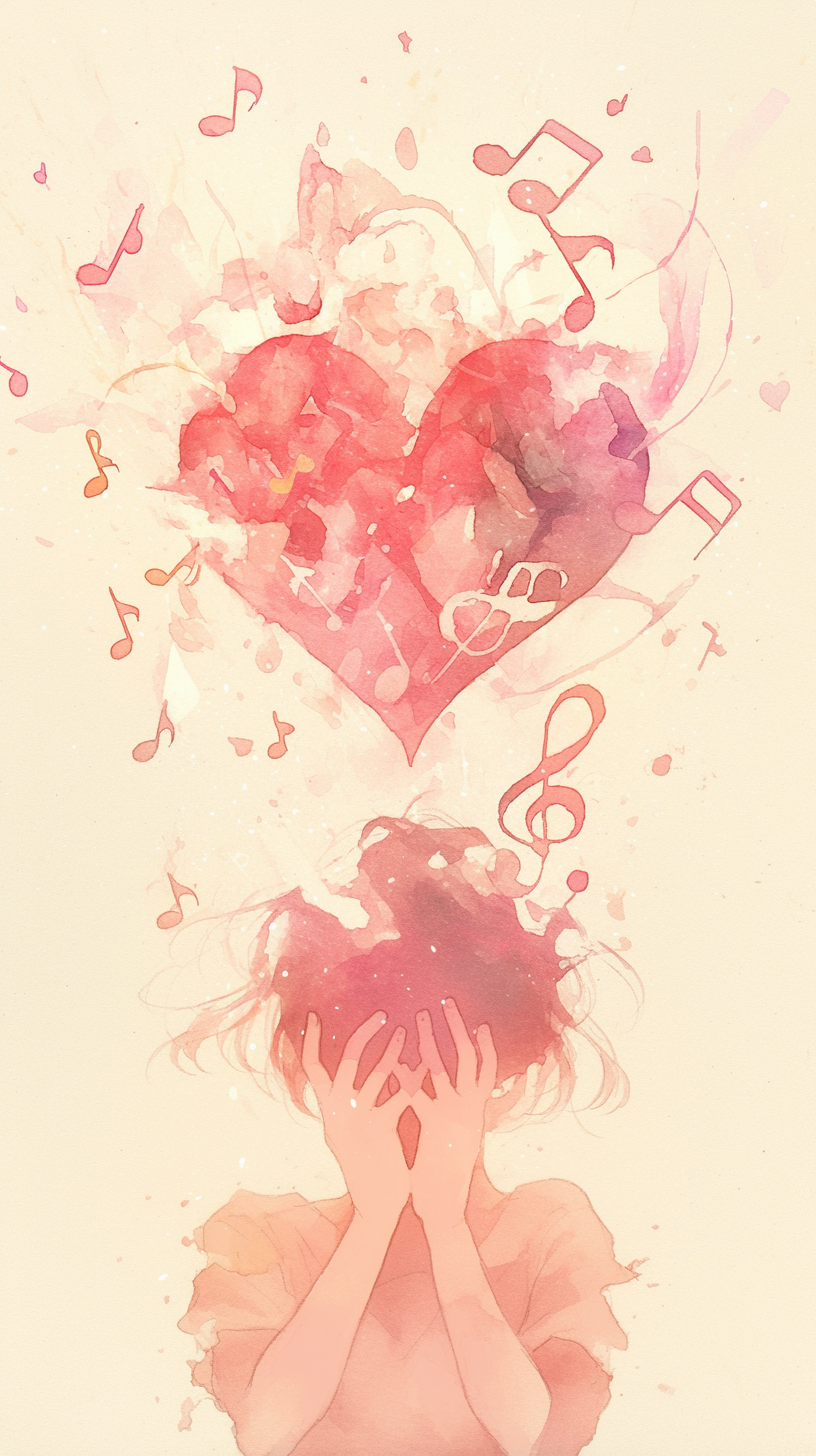 A broken heart symbol and musical notes in watercolor.